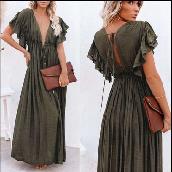 Dresses & Skirts - XL Bohemian long Olive gauze semi sheer maxi dress w pockets and ruffle sleeves